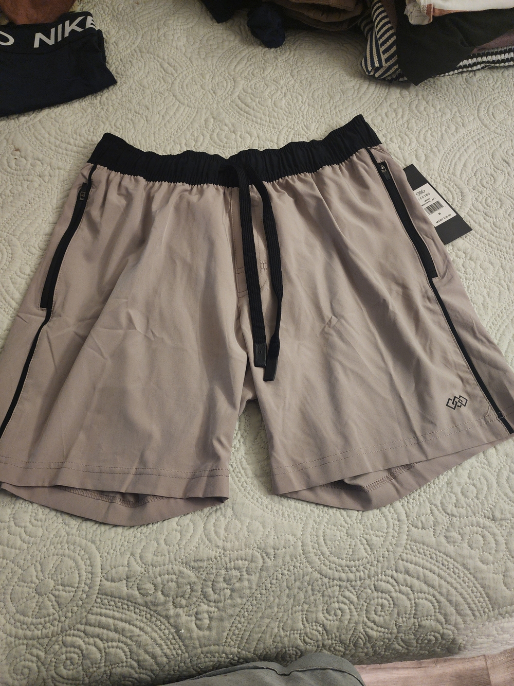 Light Taupe Athletic Drawstring Shorts with Black Trim